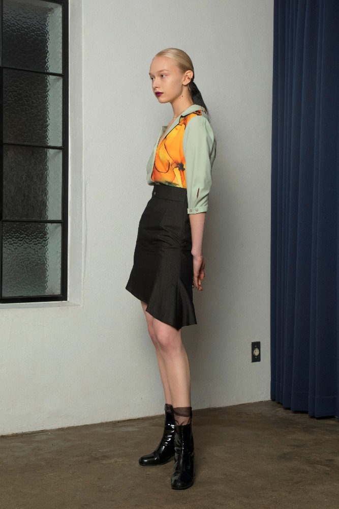 Asymmetric Detail Black Silk Pencil Skirt [주문제작]