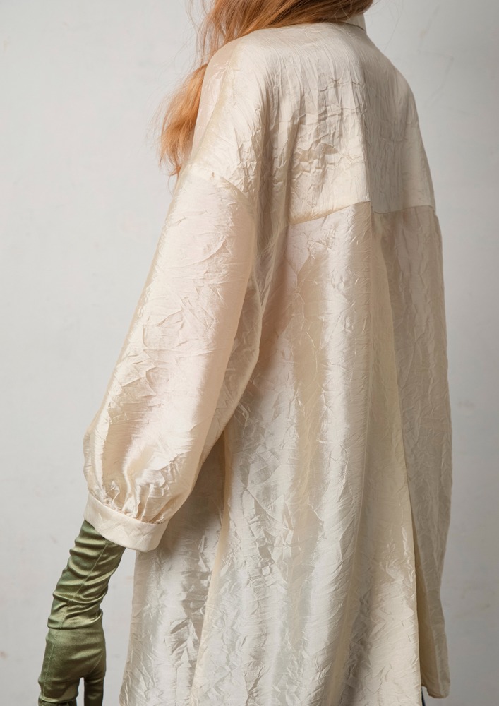Beige Oversized-fit Wrinkled Silk Blouse